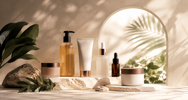 Cosmetic products on a marble surface with a natural light background