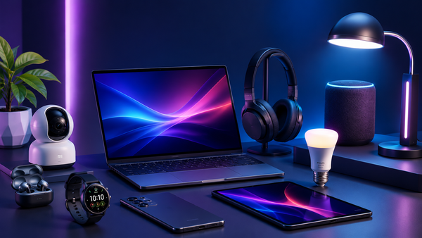 Modern electronic devices including a laptop, headphones, smartwatch, and smartphone on a dark surface with a blue light ambiance.