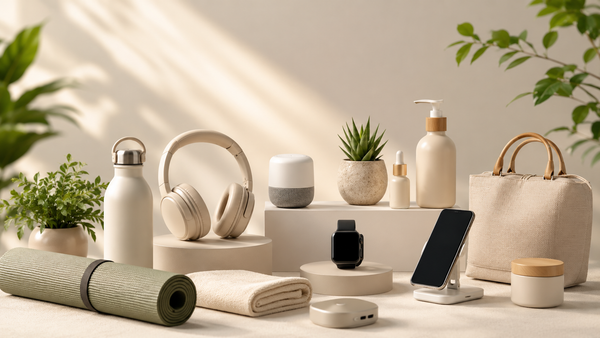 Collection of lifestyle products including a water bottle, headphones, and a phone on a neutral background with plants.