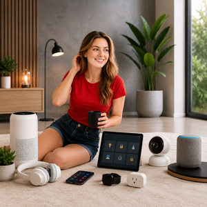 Woman sitting on the floor with various smart home devices around her in a modern living room.
