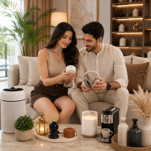 Couple sitting on a couch in a living room with home appliances and decor items.