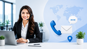 Woman in a professional setting with a world map and communication icons in the background