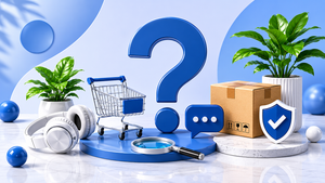 Product display with a question mark, shopping cart, headphones, and other items on a blue and white background.