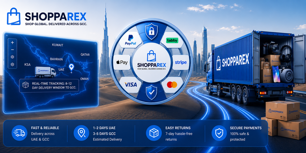 Shopparex advertisement with a truck, digital interfaces, and branding elements.