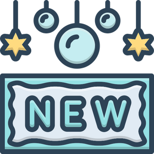 Illustration of a 'NEW' sign with hanging stars and circular elements on a light blue background
