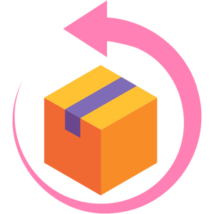 Orange box with a purple stripe inside a pink circle with an arrow, on a white background