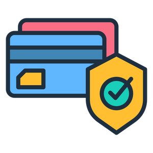 Icon of a blue card, pink envelope, and yellow shield with a green check mark on a white background