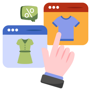 Illustration of a hand pointing at a computer screen with clothing images on a white background