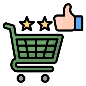 Cart icon with two stars and a thumbs-up on a white background